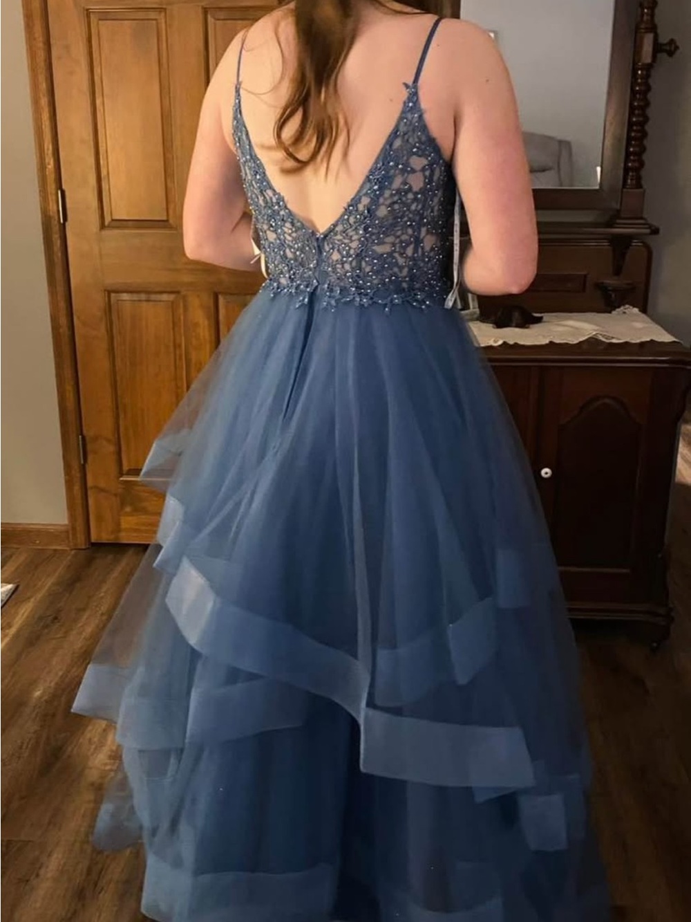 Camille La Vie Navy Blue Beaded Lace Bodice Layered Tulle Gown